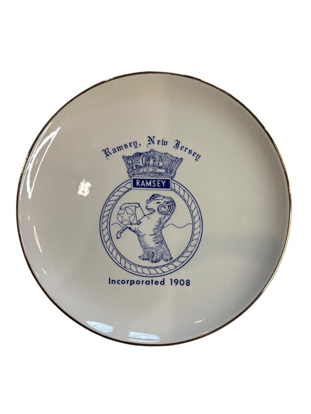 Ramsey New Jersey Commemorative Plate With Borough Seal & Gold Rim Issued 1974 C